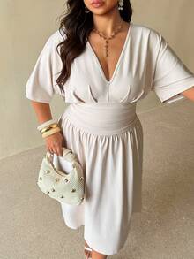 Auralis Plus Size Women Solid Color V-Neck Pleated Casual Party Dress - Apricot - View 2