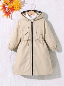 SHEIN 少女休閒字母裝飾寬鬆文字帶帽口袋中長版派克大衣，梭織雙排扣翻領寬鬆長版外套，休閒軍風，適合通勤與戶外穿著，春夏秋冬四季適用，Y2K，萬聖節、開學季，媽媽與姊妹與我親子姊妹套裝 - 米色 - 查看 7