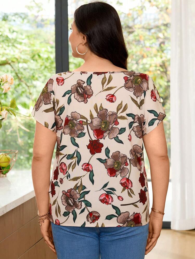 Plus Size Women's Floral Print Casual Versatile Daily Outing Shirt