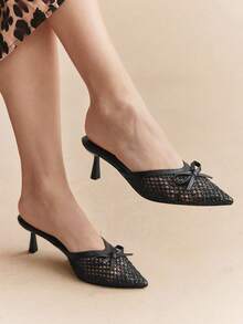 Rosivie Damenschuhe Neue spitze Stilettos mit schwarzer Schleife, gewebter Stoff, Damen High Heels Schuhe, einfache Mode vielseitige französische Damenschuhe - Schwarz - Übersicht 12
