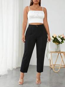 SHEIN PETITE CURVE 大码休闲百搭纯色裤 - 黑色 - 查看 9