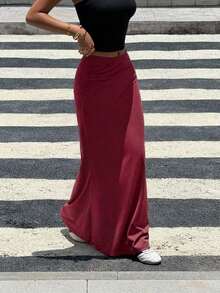 SHEIN Teen Girls Burgundy Solid Color Pleated Mermaid Long Skirt, Casual, Minimalist - Burgundy - View 5