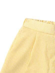 SHEIN Elladie kids 少女 2 件套清新學院風不對稱短褲，藍黃配色，不對稱前包覆設計，兩側附可拆式同布蝴蝶結，適合夏季出遊、日常上學、校園週末旅行、野餐、輕旅行、海邊 - 彩色 - 查看 4