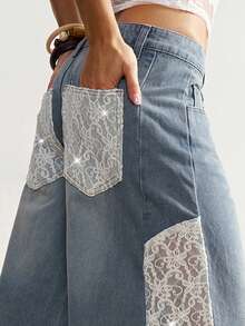 Bohemela Women's Casual Boho Solid Color Denim Contrast Lace Wide Leg Pants Vacation White And Blue Autumn - Blue - View 9