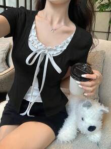 DAZY Women's Summer 2 In 1 Ruffles Bowknot Sleeve T-Shirt - Black - View 3