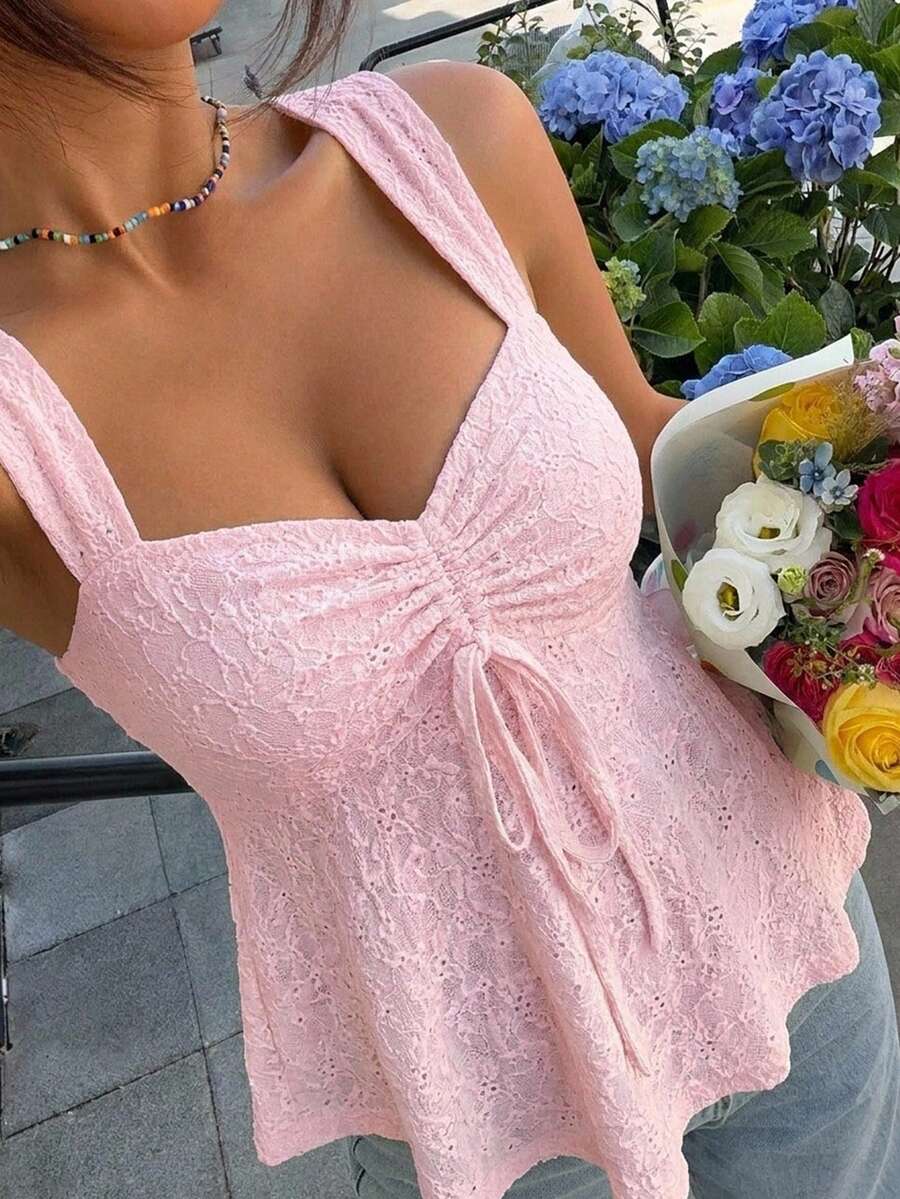 SHEIN EZwear 休閒大尺碼女款度假前綁帶粗肩帶上衣 - 粉色 - 查看 1