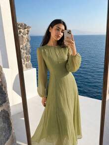 Solavon Elegant 3/4 Sleeve High Neck Ruched Waist Ruched Mini Dress, Versatile Sage Green Dress - Purple - View 4