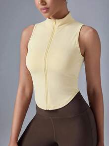 VARSIVA Women's Solid Color Zipper Front Casual Versatile Tank Top - Pale Yellow - View 11