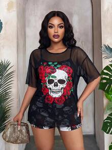 Maweii Bộ đồ bơi tankini họa tiết đầu lâu và hoa hồng Punk cỡ lớn 3 món kèm áo choàng, mùa hè, Halloween - Nhiều màu - Xem 4