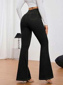 SHEIN Tall 女士高腰修身喇叭牛仔裤 - 黑色 - 查看 2