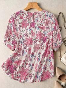 Linhara Plus Size Women's Spring/Summer Textured Fabric Beige Round Neck Short Sleeve Hollow Lace Trim Elegant Home Casual Vacation Blouse Top - Pink - View 2