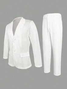 Manfinity Mode 2pcs Men's Solid Color Lapel Collar Long Sleeve Jacket And Pants Suit Set - White - View 3
