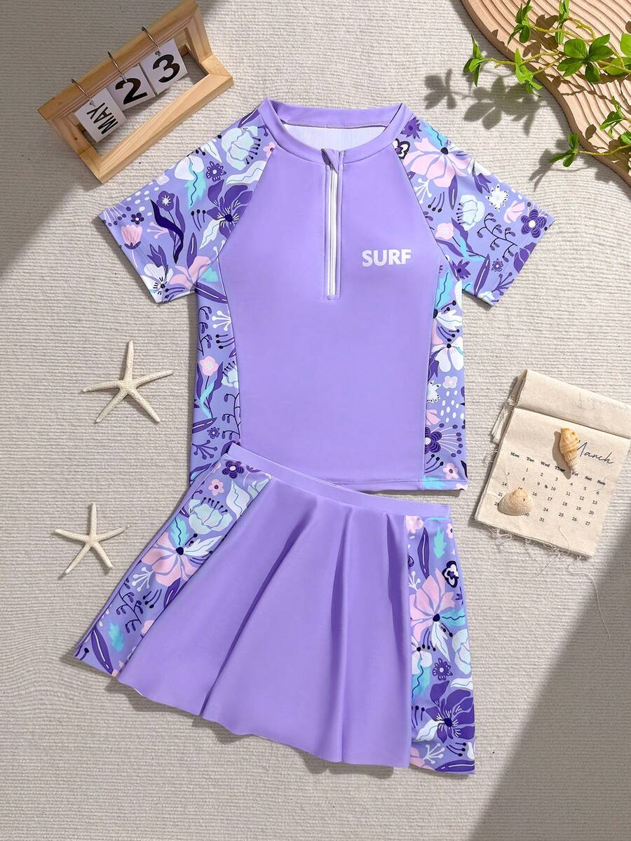 SHEIN 青少年女孩泳衣兩件套,最新款粉藍與粉色拼色設計,裙式泳褲,輕盈柔軟舒適面料,高品質漸層色,親子套裝泳衣,Y2K復古風格兒童泳裝,運動時尚風 - 彩色 - 查看 1