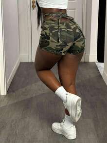 Slaydiva 女士迷彩印花系带后背牛仔短裤 - 軍綠色 - 查看 5
