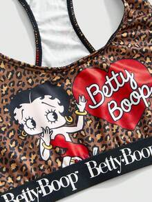 Betty Boop | ROMWE IP Collaboration Fun Cartoon Leopard Print All-Over Print Racerback Tank Top And Hipster Panty Lingerie Set - Brown - View 4