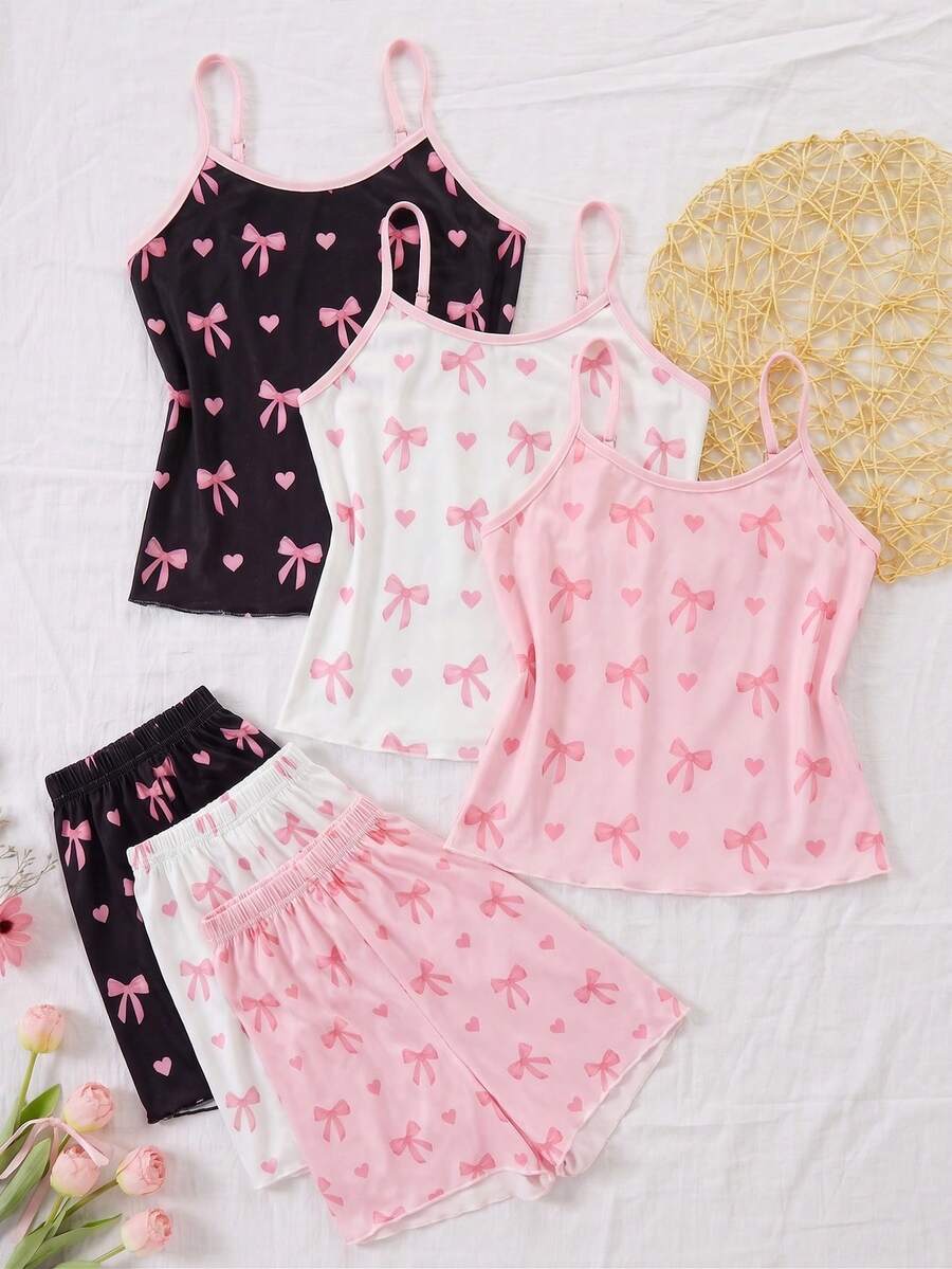 SHEIN 3套女童上衣短褲套裝,甜美粉色蝴蝶結與愛心印花、黑色配白色滾邊、純粉色與白色底色,柔軟光滑針織面料,親膚舒適貼身,修身剪裁,細肩帶,自然波浪下擺,簡約百搭風格適合居家與日常穿著,柔軟彈性針織面料,可機洗,舒適貼身(3套分開銷售) - 彩色 - 查看 1