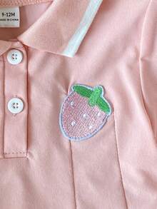 Playful Pals 女嬰休閒可愛螺紋領口與袖口草莓刺繡長袖洋裝，適合春、秋、冬季休閒穿著、外出、運動、聚會及其他場合 - 粉色 - 查看 7