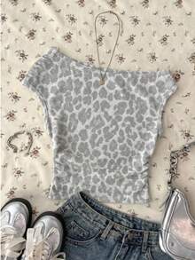 Atasan Crop Top Asimetris Berkerut Minimalis Kasual untuk Remaja Perempuan, Cocok untuk Musim Semi dan Musim Panas, Pakaian yang Dipersonalisasi, Pakaian Rumahan Sehari-hari - Putih - View 2