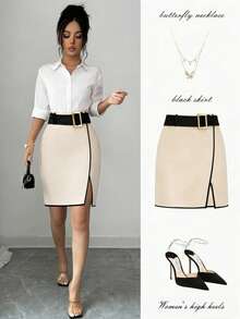 Elenzga Falda casual con abertura lateral y diseño de cinturón de color contrastante para mujer - Albaricoque - Ver 1