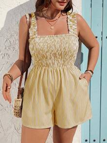 EMERY ROSE Casual Versatile Striped Spaghetti Strap Waist-Defining Plus Size Jumpsuit For Women - Yellow - View 3