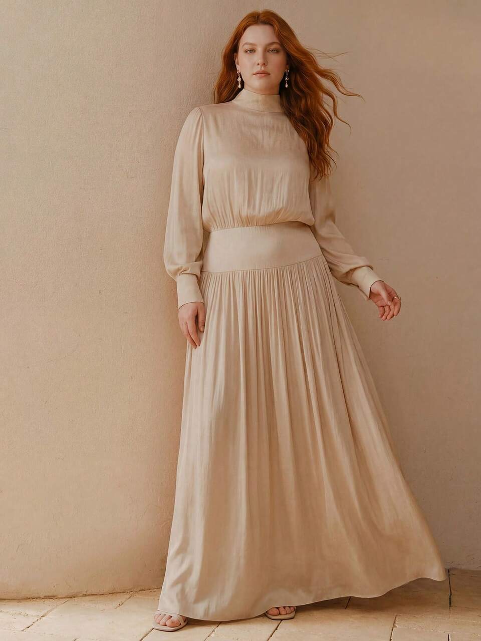 PLUS SIZE WOMEN'S ELEGANT FASHION SATIN PLEATED HIGH NECK PREMIUM CINCHED WAIST SLIMMING PLEATED BACK OPEN BACK LACE-UP BOW DRESS