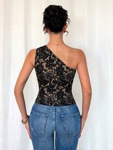 SHEIN Raffinéa 女款黑色性感金屬感百褶單肩修身無袖背心上衣 - 黑色 - 查看 2