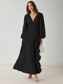 Enchnt Vestido largo elegante de unicolor con volantes para mujer - Negro - Ver 6