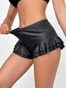 SHEIN SXY 大尺碼女款彈性腰 PU 皮革休閒百搭日常短褲 - 黑色 - 查看 8