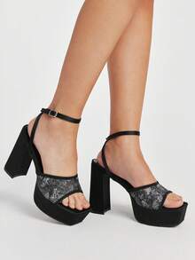 Sugerpunk Women's Shoes Fashion Mesh Flower Embroidery Square Toe Open-Toed Ankle Buckle Strap High Heels Women's Elegant Romantic Comfortable Versatile Thick Heel Sandals Summer - Butterfly Black - View 4