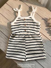 Cozy Pixies Baby Girl Toddler Girl Contrast Color Striped Pattern Knit Soft Suspender Romper Shorts - Black and White - View 8