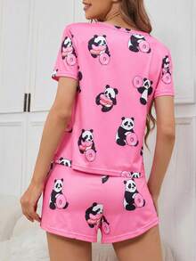 SHEIN 標準尺寸熊貓甜甜圈圖案圓領女款睡衣套裝 - 彩色 - 查看 2