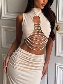 Opulessa Women's Solid Color Stand Collar Sleeveless Top And Slim Fit Long Skirt 2pcs Set Beach Vacation Cream White Summer Tropical - Apricot - View 3