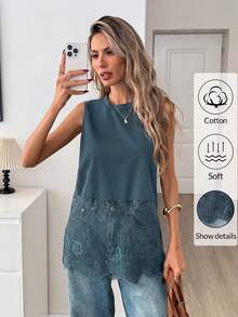 Easowa Camiseta de tirantes para mujer de algodón negro con cuello redondo y dobladillo de encaje, primavera/verano - Azul Cadete - View 5