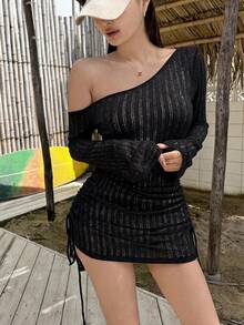 DAZY 女款夏季不對稱單肩抓皺綁帶沙灘罩衫 性感極簡半透長袖泳裝上衣 - 黑色 - 查看 4