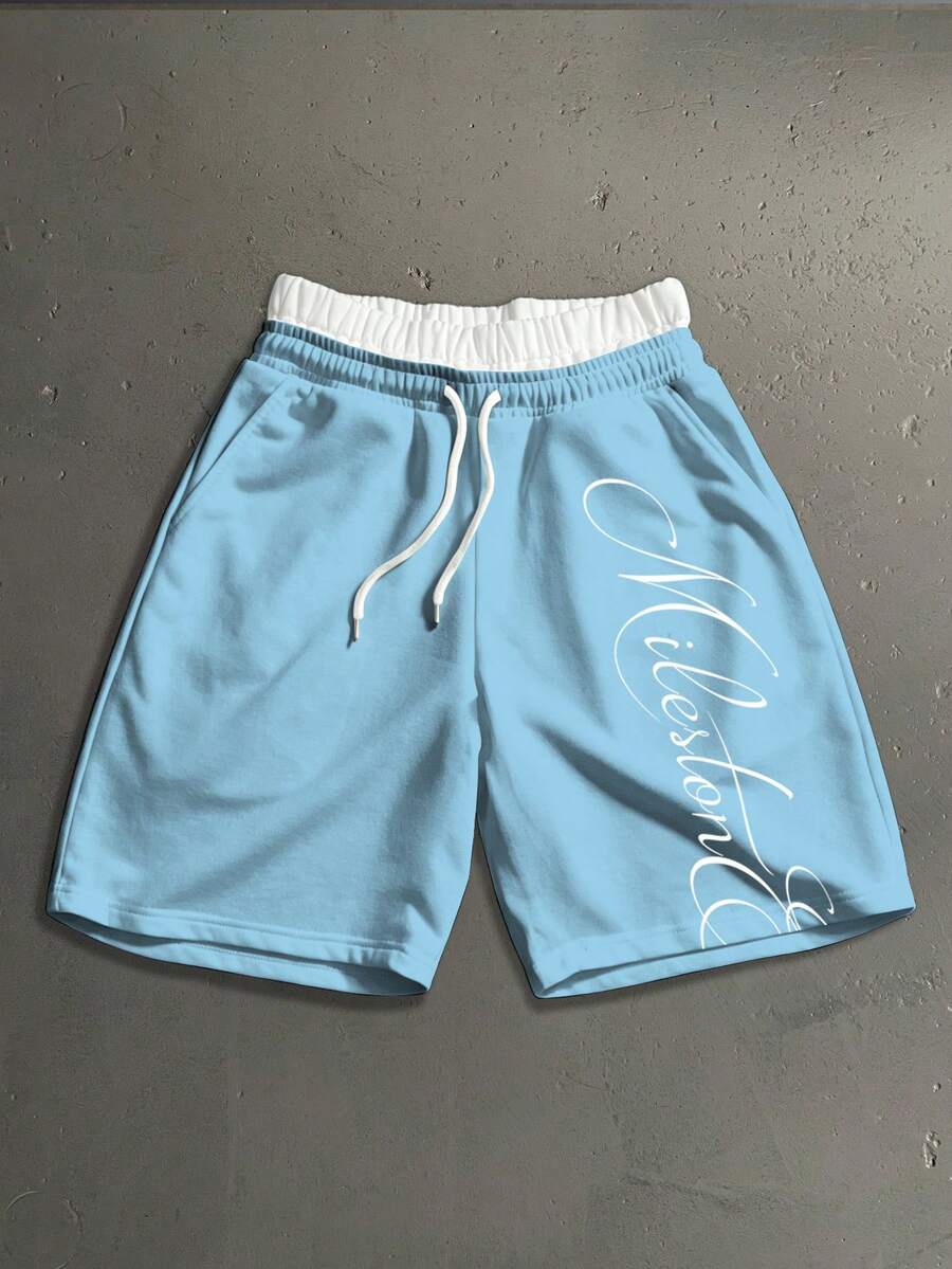 Salvezio Men's Double-Layer Drawstring Waist Colorblock Letter Print Casual Sweat Shorts - Baby Blue - View 1