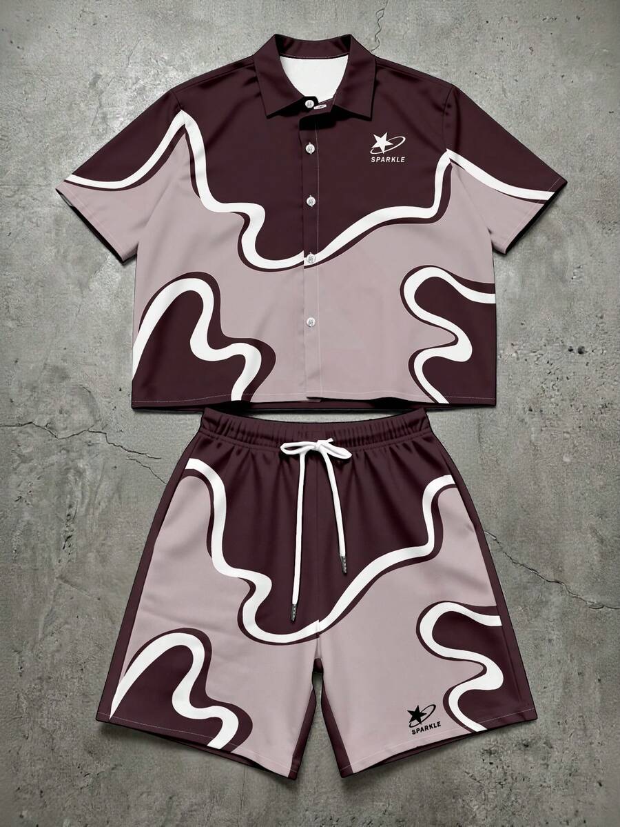 Manfinity EMRG Men's Summer Casual Fashion Street Style Vacation Daily Commute Star Letter Print Contrast Color Short Sleeve Shirt And Drawstring Waist Shorts Set - Multicolor - View 1