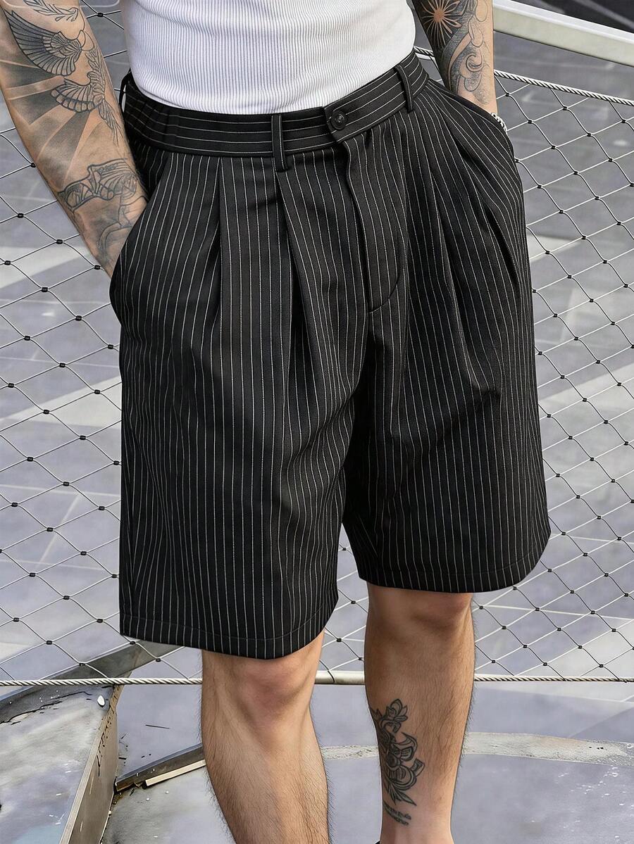 Manfinity CasualCool Men's Black And White Striped Striped Loose Casual Bermuda Shorts City Break Summer World Cup Holiday,Old Money,Daily Leisure, Weekend Trips, Outdoor Activities Office, Travel Expeditions, Relaxed Work Environments Or Semi-Formal Occasions, Boyfriend/Husband Gift, Anniversary /Birthday Gift Party Autumn Vacation Holiday,Wedding,Spring To Summer ,Easter,Y2k,Vintage,Festival,Streetwear,Back To School - Black - View 1