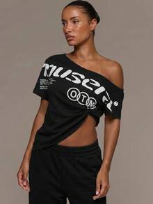 MUSERA Off The Shoulder Graphic Printed Cinched Ruched Side Triangle Hem Tshirt Tee Cute Everyday Daily Lounge Airport Holidays Vacation Summer Altitude - Black - View 2