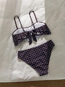 Swim Mod 女款夏季度假休閒海灘裝棕藍波點印花兩件式比基尼套裝，可調節肩帶與荷葉邊飾，優雅度假泳衣套裝 - 彩色 - 查看 2