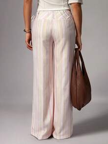 Avenya Low Waist Striped Drawstring Casual Pants - Pink - View 6