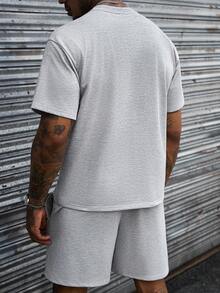 SLATEMANN Men's Embroidered Versatile Crew Neck Short Sleeve T-Shirt And Drawstring Waist Pocket Shorts Set - Grey - View 4