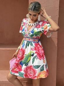Selianne Vacation Bohemian Tropical Large Floral Print Ruffle Sleeve Women's Short Dress Beach White Summer - Multicolor - View 4