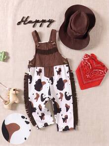 SHEIN Playful Pals 幼童男童西式牛仔休閒百搭可愛西部農場圖案印花口袋吊帶褲流蘇裝飾連身褲 - 棕色 - 查看 4