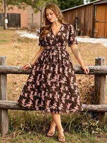 Ceyna Plus Size Women's Floral Print Short Sleeve Elegant Boho Vacation Dress Vacation Brown Summer - Coffee Brown - View 7