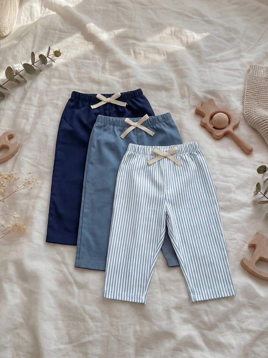 3pcs Baby Boys/Girls Elastic Waist Pants Set With Decorative Ribbon, Versatile & Comfortable For Outings, Street Style, Home, Party - Multicolor - View 1