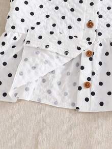 SHEIN Elladie kids 女童休閒紋理復古趣味優雅波點印花布料開襟細肩帶鈕扣寬腿長褲兩件套 - 黑與白 - View 5