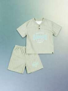 SUMWON Boys Pinstripe Henley Co-Ord Set With Graphic Logo Print Shorts Summer Casual Matching Outfit - Green - View 1