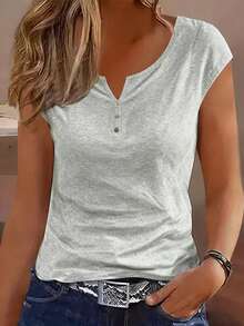 EMERY ROSE Women's Solid Color V-Neck Button Decor Cami Tank Top, Simple And Fashionable, Suitable For Summer Wear Everyday Light Grey Casual House - Light Grey - View 5