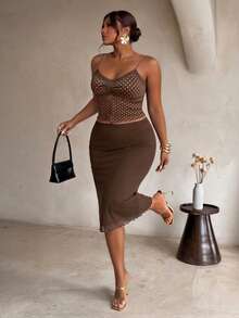 Firerie Plus Size Autumn Casual Sexy Elegant Solid Color Fitted Skirt Formal Night Party Wedding Guest Brunch Night Party Date Night Brown Fall - Coffee Brown - View 6
