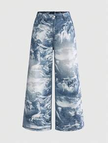 ROMWE Avant Jeans de talla grande con estampado de arte del Renacimiento - Azul - Ver 3
